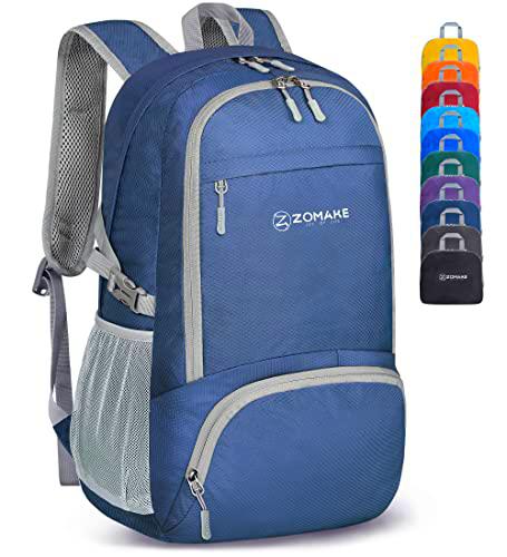 ZOMAKE Mochila Plegable Ligera - Mochilas de Senderismo Pequeña Mochila con Resistencia Al Agua 30L para Hombre Mujer Viaje Trekking Deporte(Azul Marin)