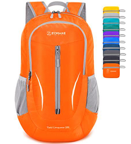 ZOMAKE Mochila Plegable Ultraligera - Mochilas de Senderismo Pequeña Mochila con Resistencia Al Agua 25L para Hombre Mujer Viaje Trekking Deporte(Naranja)